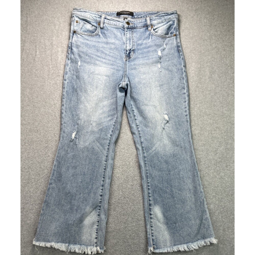Liverpool Jeans Hannah Crop Flare Leg 12/31 Blue Distressed Denim Fray Hem Boho